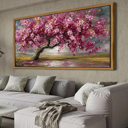 Large Tree of Life Wall Art Vintage Pink Flower Framed Wall Decor for Living Room Abstract Landscape Painting Canvas Prints Retro Nature Texture Picture Bedroom Kitchen Corridor Home Decoration 35x70