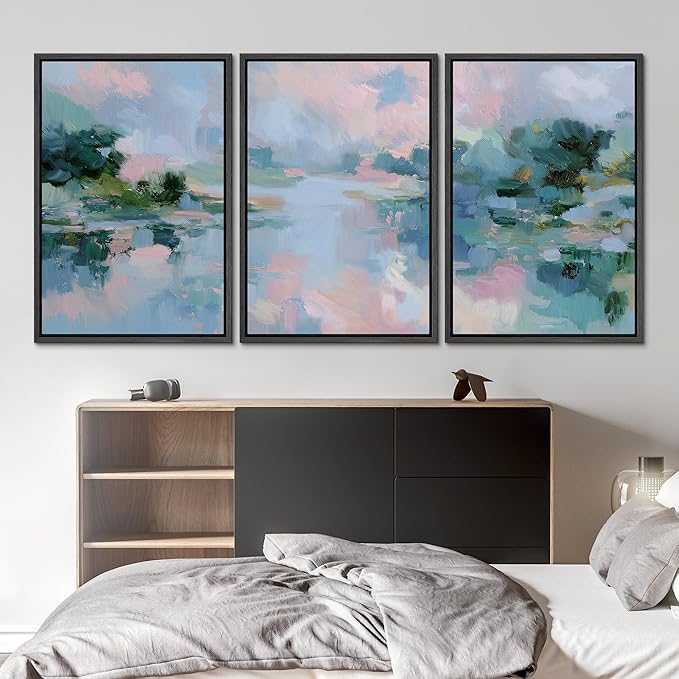 SIGNLEADER Framed Canvas Print Wall Art Set Soft Pastel Lake Landscape Illustrations Minimal Decorative Bohemian Nordic for Living Room, Bedroom, Office - 24"x36"x3 BLACK