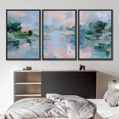 SIGNLEADER Framed Canvas Print Wall Art Set Soft Pastel Lake Landscape Illustrations Minimal Decorative Bohemian Nordic for Living Room, Bedroom, Office - 24"x36"x3 BLACK