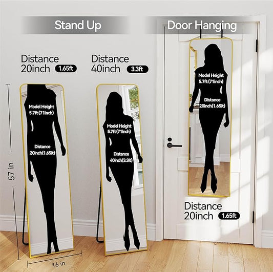 SCWF-GZ Rectangle 57x16 Mirror Full Length Wall Mounted Hanging or Against Wall Metal Frame Dressing Make-up Mirrors for Entryway Bedroom Bathroom Living Room 57 16 inch Gold