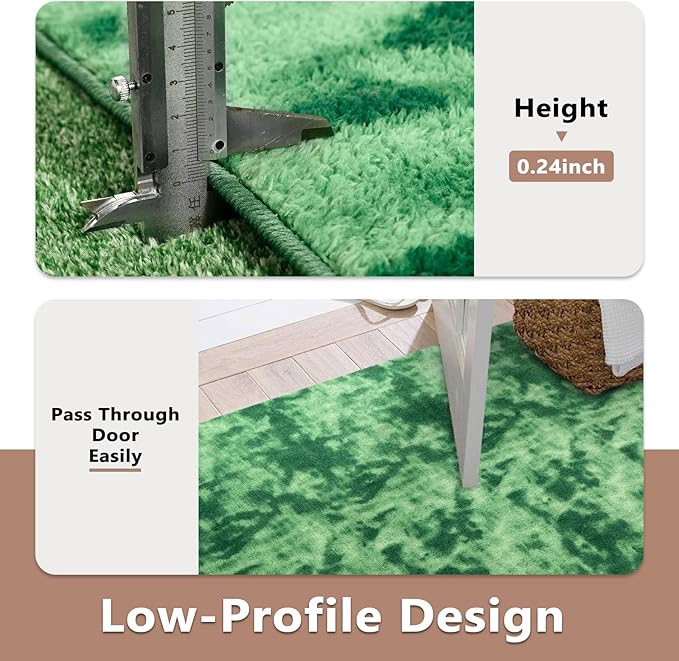 FinRèc 7x10 Washable Area Rugs for Bedroom Living Room, Low Pile Thin Ultra Soft Shag Rug, Non-Slip Carpet Indoor for Home Decor (Tie-dye Green)