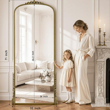 Antique Full Length Mirror 71" x 32", Antique Gold Arched Large Vintage Mirror in Baroque Style with Tempered Glass, Freestanding for Bedroom, Living Room, Cloakroom