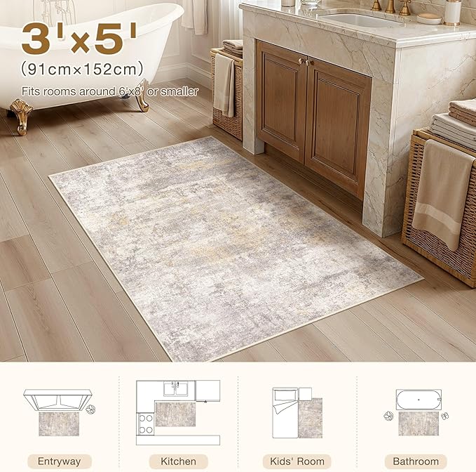 cotiled 3x5 Area Rugs for Living Room - Washable Neutral Abstract Carpet Non Slip Soft Rug for Bedroom & Dining Table, Robot Vacuum & Pet Friendly Floor Decor Gold/Grey/Brown