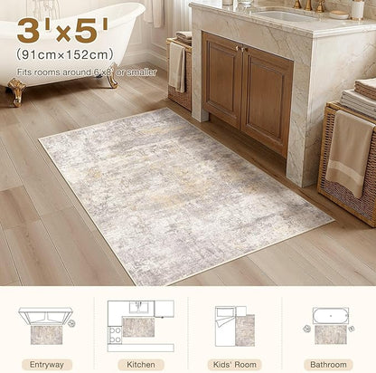 cotiled 3x5 Area Rugs for Living Room - Washable Neutral Abstract Carpet Non Slip Soft Rug for Bedroom & Dining Table, Robot Vacuum & Pet Friendly Floor Decor Gold/Grey/Brown