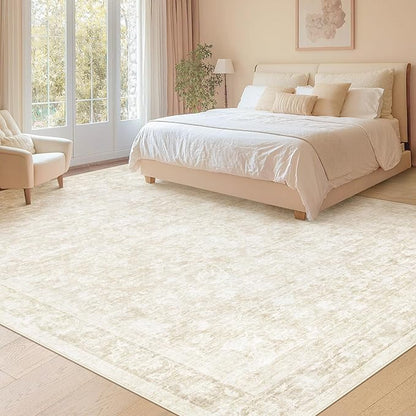 8x10 Area Rugs for Living Room: Washable Large Vintage Floral Rug Low Pile Non-Slip Boho Carpet for Bedroom Dining Home Office (Beige, 8'x10')