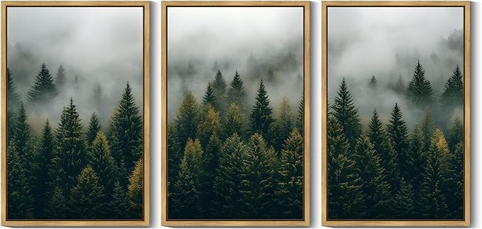 Drsoum Fog Pine Tree Landscape Wall Art Framed Nature Misty Nordic Forests Prints Morden Farmhouse Rustic Artwork Hallway Bathroom Ready to Hang 24x36in Natural Framed