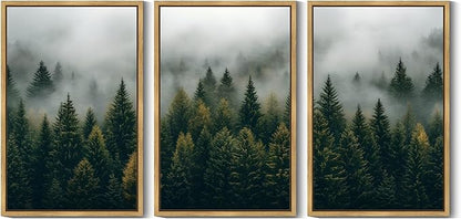 Drsoum Fog Pine Tree Landscape Wall Art Framed Nature Misty Nordic Forests Prints Morden Farmhouse Rustic Artwork Hallway Bathroom Ready to Hang 24x36in Natural Framed