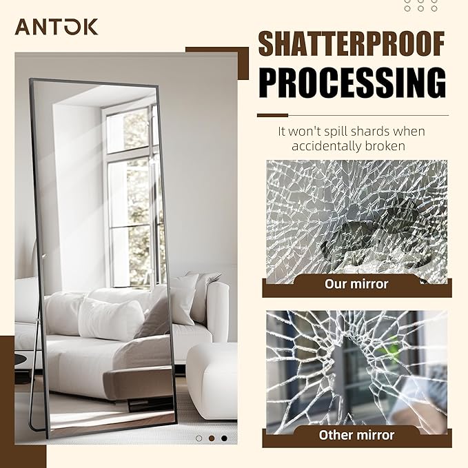 Antok Over The Door Mirror Full Length, 49'' x 14''Wall Mounted Hanging Mirror, Aluminum Alloy Frame, Shatterproof Glass, No Drill Installation for Bedroom, Closet, Bathroom, Dorm, Rect Corner,Black