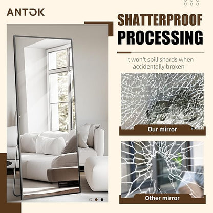 Antok Over The Door Mirror Full Length, 49'' x 14''Wall Mounted Hanging Mirror, Aluminum Alloy Frame, Shatterproof Glass, No Drill Installation for Bedroom, Closet, Bathroom, Dorm, Rect Corner,Black