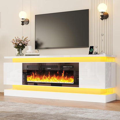 chartustriable 71IN LED TV Stands w/40 inch Fireplace Power Outlet for 85/80/75 Inch TVs,High Glossy Modern TV Media Console Gaming with 2 Storage Cabinets,Dual LED Lights,White