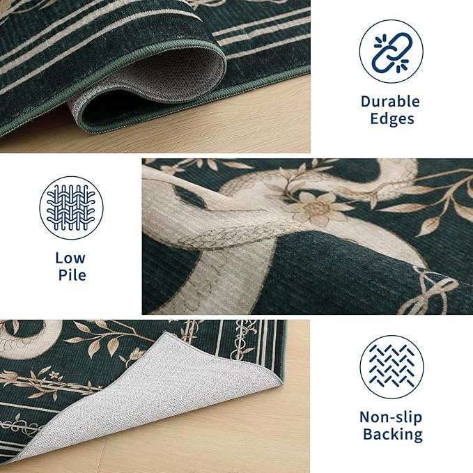 Garvee Snake Gothic 8x10 Area Rug Dark Whimsical Moody Witchy Unique Soft Thin Large Carpet for Living Room Bedroom Dining Room Playroom Indoor Decor Low Pile TPE Backing Blue Green
