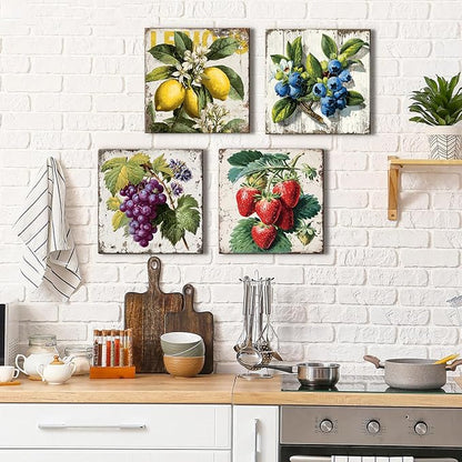 Vintage Fruit Wall Art for Kitchen Wall Decor Farmhouse Dining Room Pictures Rustic Lemon Strawberry Canvas Paintings Colorful Fruits Theme Prints Blueberry Grape Poster Artwork Decorations 12x12” 4P