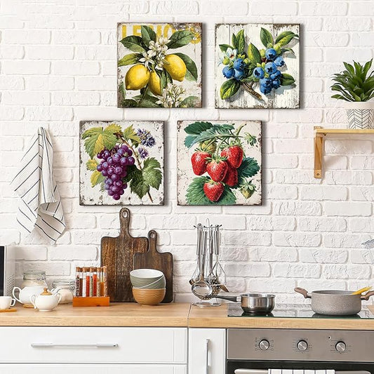 Vintage Fruit Wall Art for Kitchen Wall Decor Farmhouse Dining Room Pictures Rustic Lemon Strawberry Canvas Paintings Colorful Fruits Theme Prints Blueberry Grape Poster Artwork Decorations 12x12” 4P