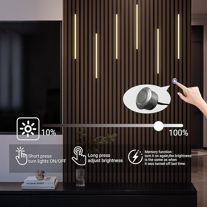 HAMRVL Black Wall Panel Lights, 6PCS 16-Inch 3000K Warm White Wall LED Lights Strip with Touch Switch, Self-Adhesive Dimmable Slat Wall Lights for Wood Slat, Bedroom Fluted Panel, Kitchen Cabinet