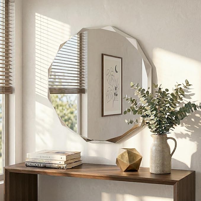 Frameless Round Bathroom Mirror 24x24 Inch with Beveled Edge, Modern Vanity Wall Mirror