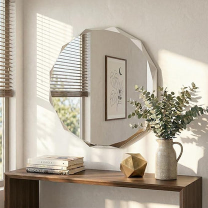 Frameless Round Bathroom Mirror 24x24 Inch with Beveled Edge, Modern Vanity Wall Mirror