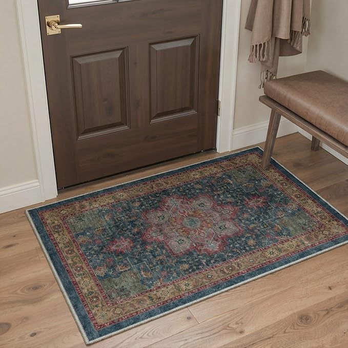 GENIMO 8x10 Area Rugs for Living Room, Machine Washable Rug, Non Slip Indoor Vintage Carpet, Low Pile Lightweight Chenille Print Carpet for Bedroom Dining Room Home Office,Teal Burgundy