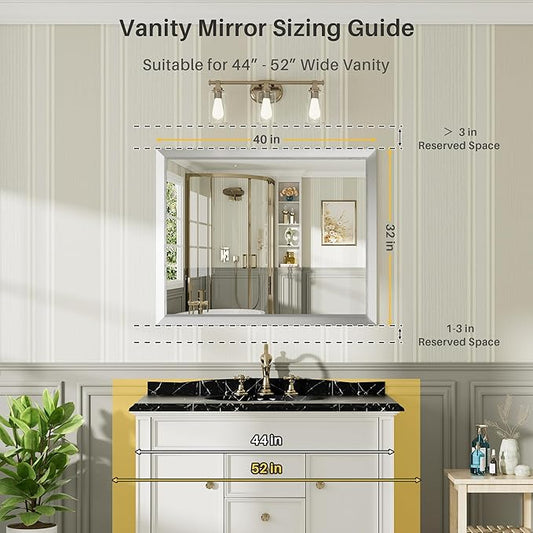 40x32 Inch Brushed Silver Bathroom Mirror for Wall, Thick Metal Framed Rectangle Mirrors for Over Sink, Bedroom, Living Room, Entryway, Anti-Rust, HD Tempered Glass
