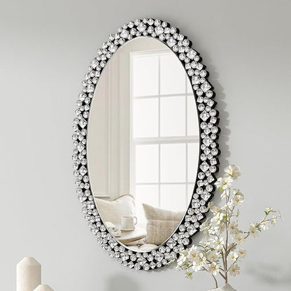 SHYFOY Oval Wall Mirrors Decorative, 23.6x35.4 Ornate Accent Mirror Crystal Frameless Mirror Jeweled Mirrors for Living Room Bedroom Entryway Wall Decor