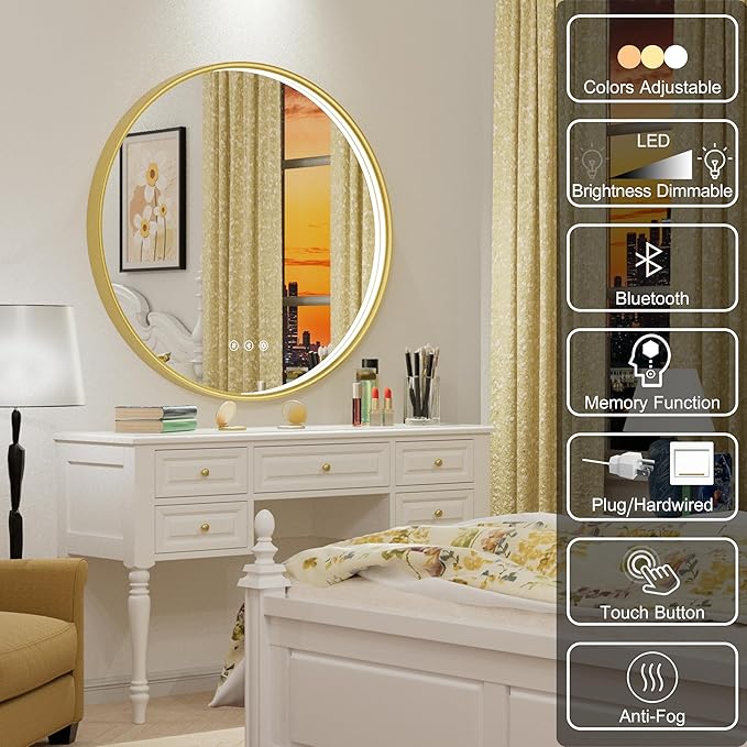 36 Inch Round LED Bathroom Mirror with Bluetooth, 3 Color Temperatures (3000K/4500K/6000K), Anti-Fog, Adjustable Brightness, CRI 90+, Gold Frame Round Mirror with Light