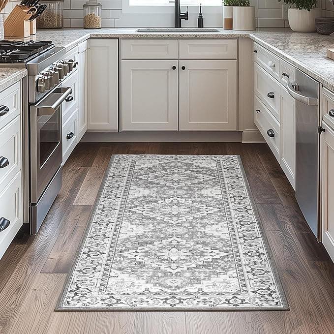 Lessymo 2 x 6 Runner Rug for Hallway, Machine Washable Entryway Rugs Boho Faux Wool Low Pile Long Rug for Bedroom, Floral Medallion Vintage Rugs with Non-Slip Rubber,Grey Beige