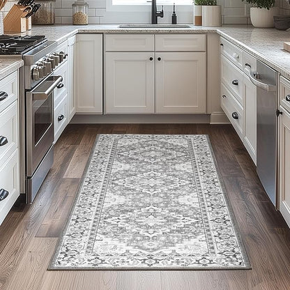 Lessymo 2 x 6 Runner Rug for Hallway, Machine Washable Entryway Rugs Boho Faux Wool Low Pile Long Rug for Bedroom, Floral Medallion Vintage Rugs with Non-Slip Rubber,Grey Beige