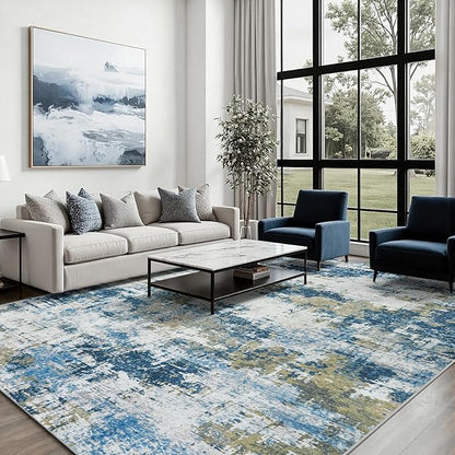 Area Rug 10x12 Living Room Rug Washable: No-Slip Abstract Soft Thin Large Blue Rugs, Indoor Floor Stain Resistant Modern Carpet for Bedroom Dining Room Farmhouse Nursery Home Office (Blue, 10'x12')