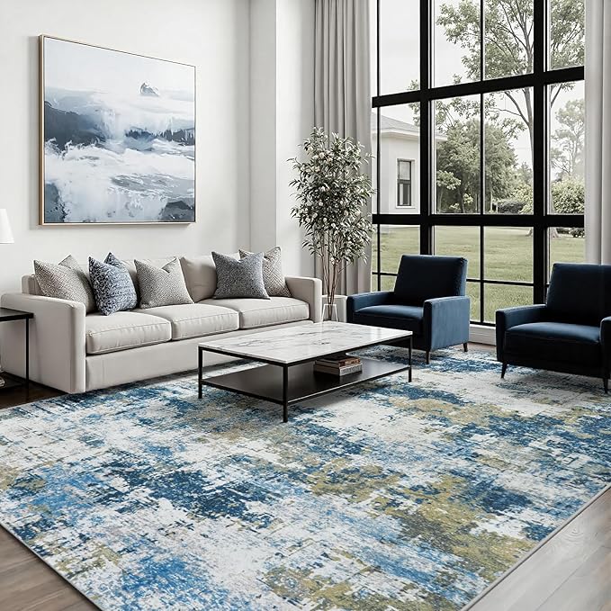 Area Rug 6x9 Living Room Rug Washable: No-Slip Abstract Soft Thin Large Blue Rugs, Indoor Floor Stain Resistant Modern Carpet for Bedroom Dining Room Farmhouse Nursery Home Office (Blue, 6'x9')