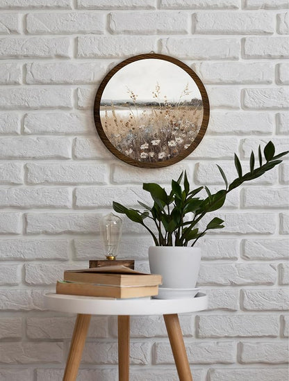 Vintage Floral Field Landscape Hanging Wall Art, Meadow Flowers Vintage Round Wooden Wall Decor, Flower Field Scene Western Boho Decorations for Apartment Home Living Room Bedroom Bathroom Office, 17