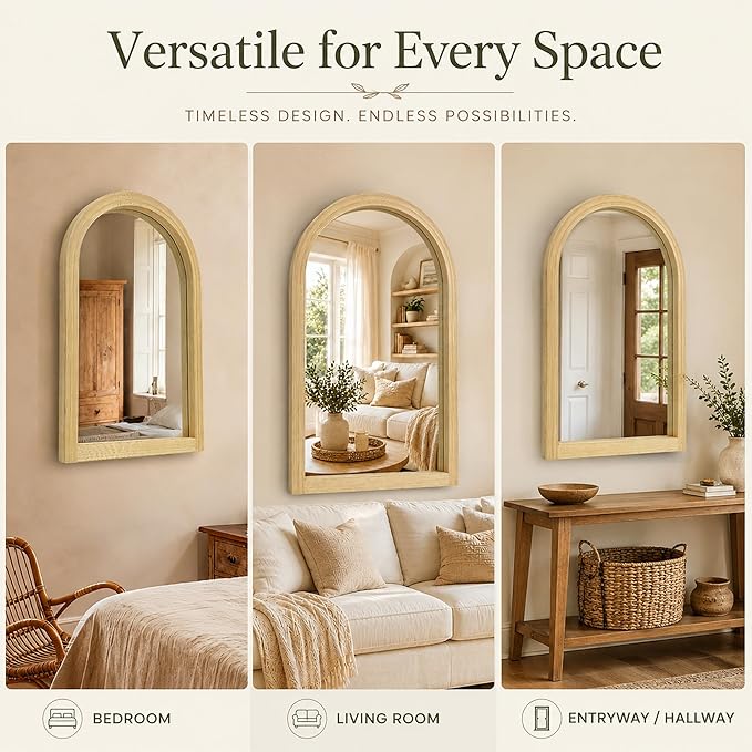 24" x 36" Arched Bamboo Wall Mirror, Handwoven Natural Frame with 2-Inch Deep Textured Profile, Decorative Boho Mirror for Entryway, Bedroom, Living Room