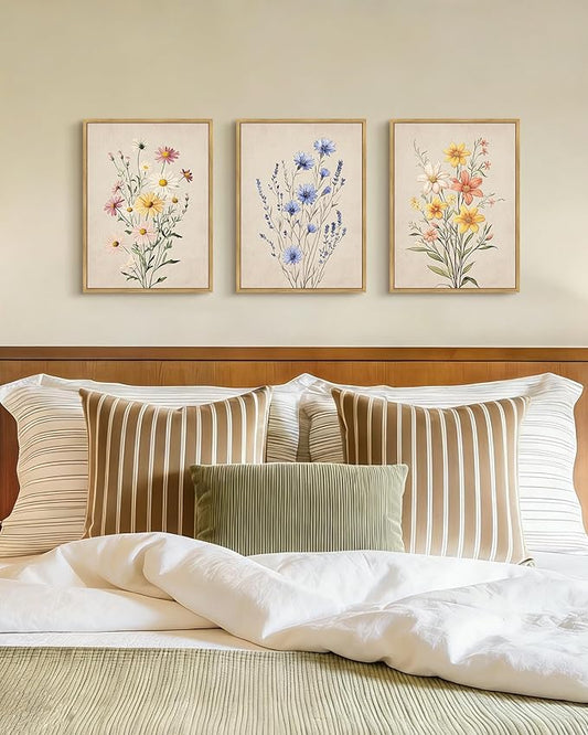 PHOPAGO Vintage Wildflower Bouquet Framed Wall Art Botanical Flower Wall Decor Modern Colorful Floral Living Room Bedroom Hanging Decor - 11x14in Natural Framed