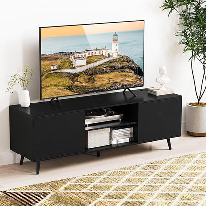 Tangkula TV Stand for 60" TVs, Entertainment Center w/Power Outlets, Mid Century Modern Media TV Console Table w/Adjustable Shelf, 2 Cabinets & Metal Support Legs for Living Room (Black)