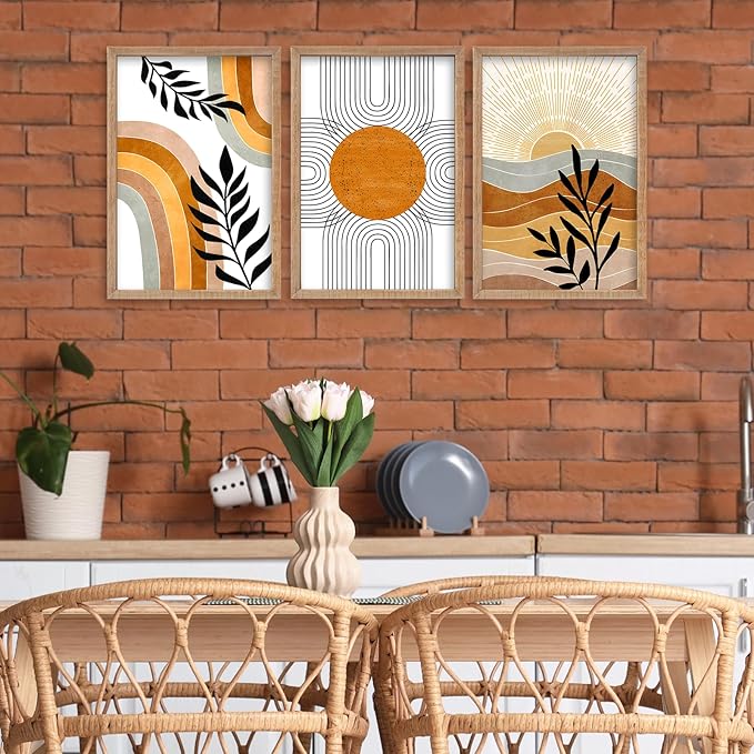 SRSZHIYUE Boho Art Wall Decor Wooden Framed 24x16 Inch Set of 3 Geometric Sun Desert Plant Wall Art for Bedroom Living room Hanging (Wood)
