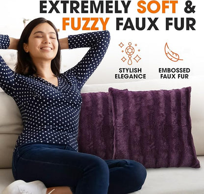 Cheer Collection Faux Fur Throw Pillows - Decorative Pillows for Couch, Bed Throw Pillows, Purple Accent Pillows for Bedroom or Living Room Aesthetic, Set of 2 Furry Throw Pillows, 22" x 22"