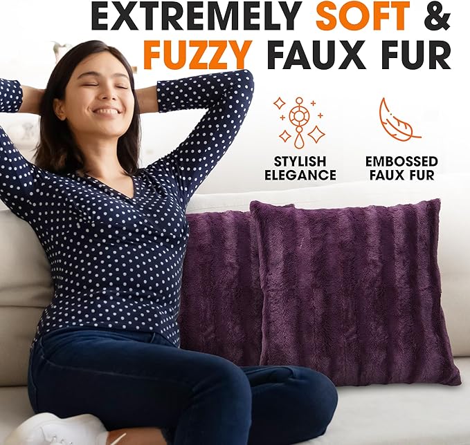 Cheer Collection Faux Fur Throw Pillows - Decorative Pillows for Couch, Bed Throw Pillows, Purple Accent Pillows for Bedroom or Living Room Aesthetic, Set of 2 Furry Throw Pillows, 20" x 20"