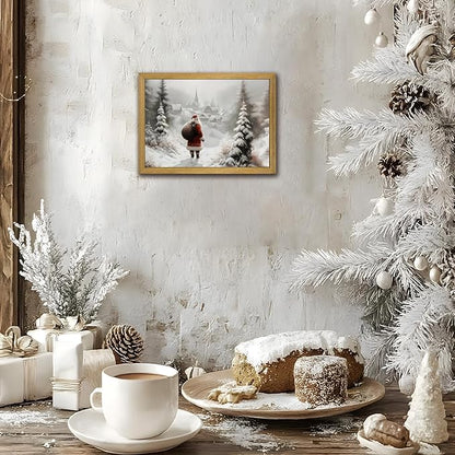 Vintage Christmas Canvas Wall Art, Wood Framed Santa Claus Wall Decor Painting, Rustic Farmhouse Winter Snow Scene Poster Print Picture 8x10 inch, Best Holiday Decor for Living Room Bedroom Home