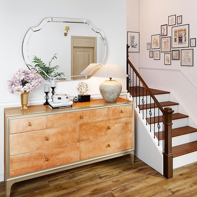 47" x 32" Large Wall Mirrors for Living Room, Modern Elegant Decorative Mirror with Beveled Glass Scalloped Corner, Horizontal or Vertical Hanging for Bathroom, Entryway, Dining Room
