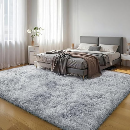 KICHOWUA Thick Area Rug Light Grey Shag Fluffy 5x8 for Bedroom Living Room Soft Plush Washable Fuzzy Carpet for Kids Baby Nursery Non Slip Cozy Furry Shaggy Rugs for Dorm Tie-Dye Gray