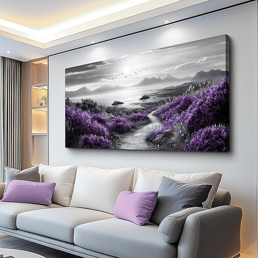 FUHAIHUA Large Wall Decor For Living Room Canvas Wall Art For Office Wall Decorations For Bedroom purple flowers Landscape Painting Black and white Pictures Artwork Room Home Decor 24x48 In