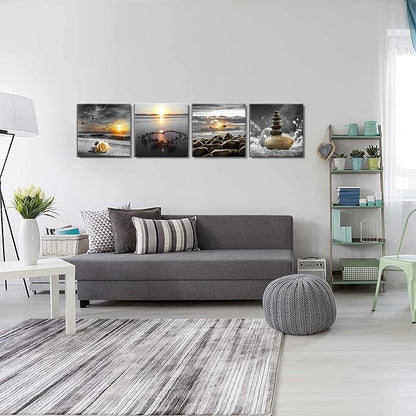 Bamdeya Beach Wall Art Canvas Zen Prints Art Black and White Wall Decor Gold Sea Sunset Seascape Wall Pictures Ocean Sunrise Love Painting for Living Room Bathroom Decor Home Decoration Framed