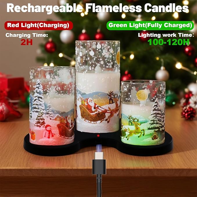Santa Glass Flameless Candles Rechargeable Battery Operated with Remote and Timer Real Wax LED Flickering Pillar Candles White Cold Light Window Christmas Holiday Decor D3 x 4",5",6"