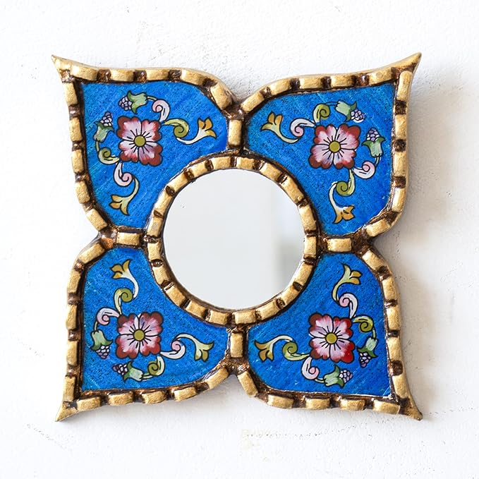 Peruvian Painted Glass Mirror with Bronze Leaf Framed - Handmade Diamond Mirror 6in for Gallery wall (Blue)