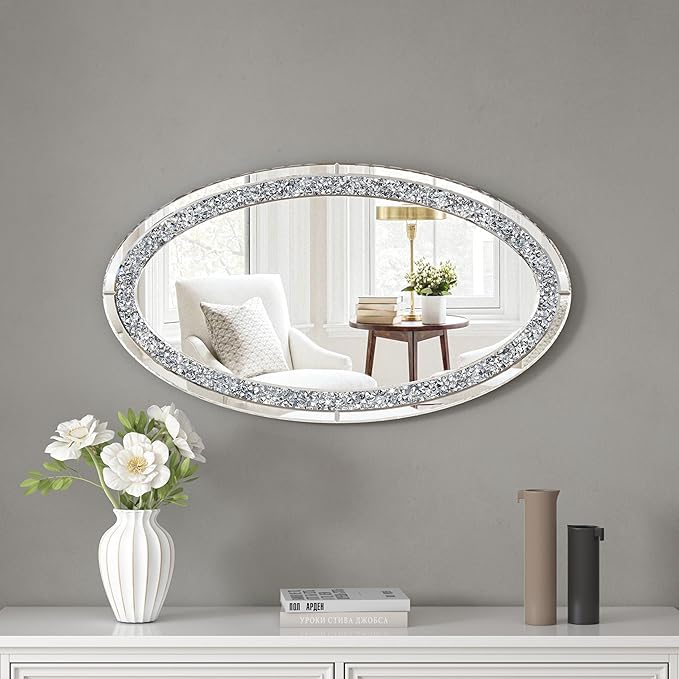 SHYFOY Oval Wall Mirror 36"x23", Frameless Crystal Accent Mirror with Crushed Diamond Border, Silver Glass Decorative Mirror for Bathroom Bedroom Entryway Fireplace Mantel