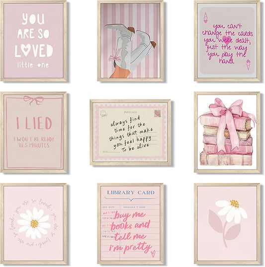 XYHYRA Pink Wall Art Painting Set of 9, Pink Preppy Girly Quote Canvas Prints Painting, Romantic Bow Books Daisy Poster Aesthetic Room Decor for Teen Girls Bedroom Dorm 8x10 Inch Unframed