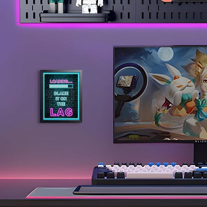 Framed Gamer Wall Art, Boys Game Room Wall Decor Painting, Funny “Blame It On The Lag” Blue Neon Sign Canvas Print Poster, LED Style Loading Screen Game Room Bedroom Decor 8x10 Inch