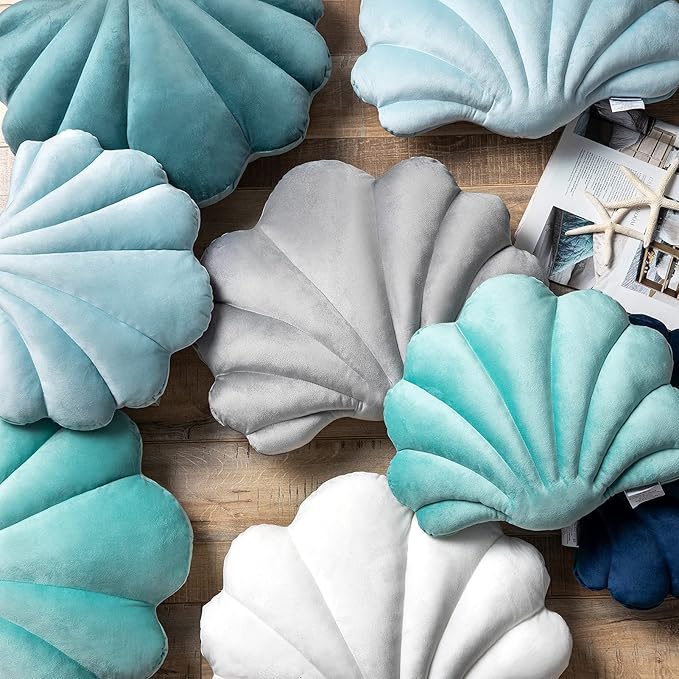 Ashler 3D Throw Pillows Shell Shaped Accent Throw Pillow, Soft Velvet Insert Included Cushion for Couch Bed Living Room, Pack of 1, Turquoise, 14 X 11 inches