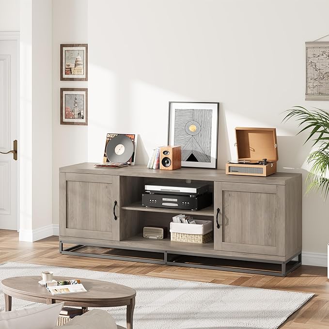 Garvee Farmhouse TV Stand for Living Room, Entertainment Center with 2-Tier Adjustable Shelves & Metal Leg, Wooden TV & Media Console Table for 75 Inch with Storage Compartments, Gray