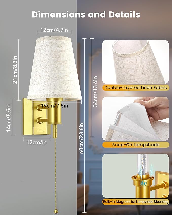 TECOMLIGHT Battery Operated Wall Sconce Lights for Bedroom Set of 2, Wireless Rechargeable LED Wall Lamp with Remote & On/Off Pull Chain, Wall Mount Lighting Fixtures for Living Room, Satin Gold