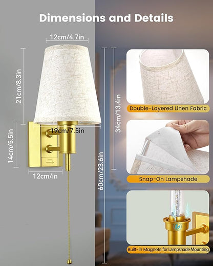 TECOMLIGHT Battery Operated Wall Sconce Lights for Bedroom Set of 2, Wireless Rechargeable LED Wall Lamp with Remote & On/Off Pull Chain, Wall Mount Lighting Fixtures for Living Room, Satin Gold