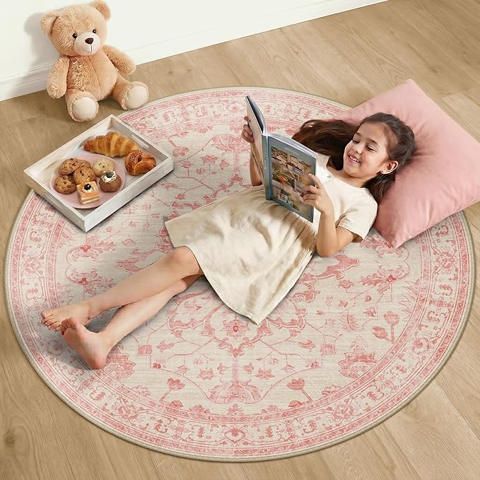 RELEANY Area Rugs Round 4ft Washable Non-Slip, Floral Vintage Distress Print Pattern Medallion Carpet for Living Room Bedroom Dining Room, Pink Light Vintage Pink